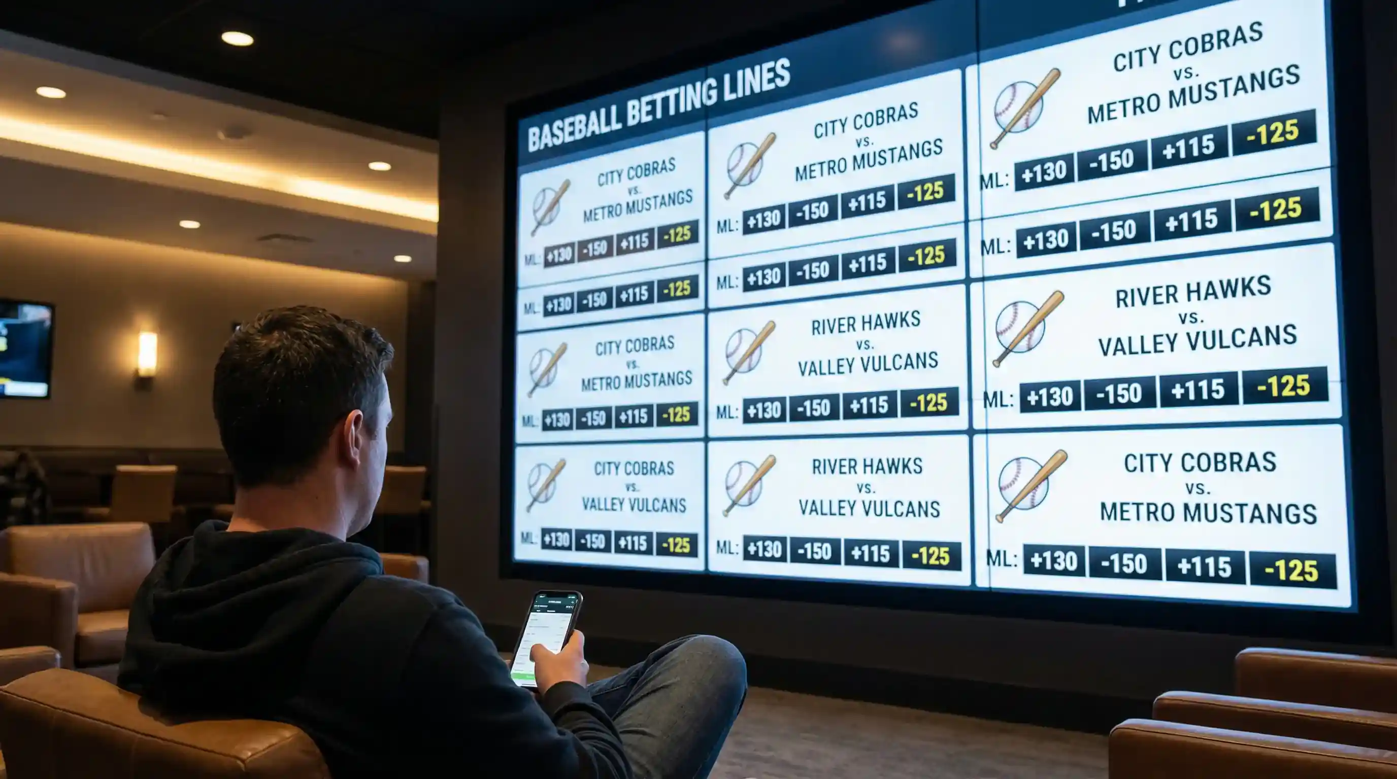 Panel de apuestas deportivas en estadio de béisbol con cuotas MLB