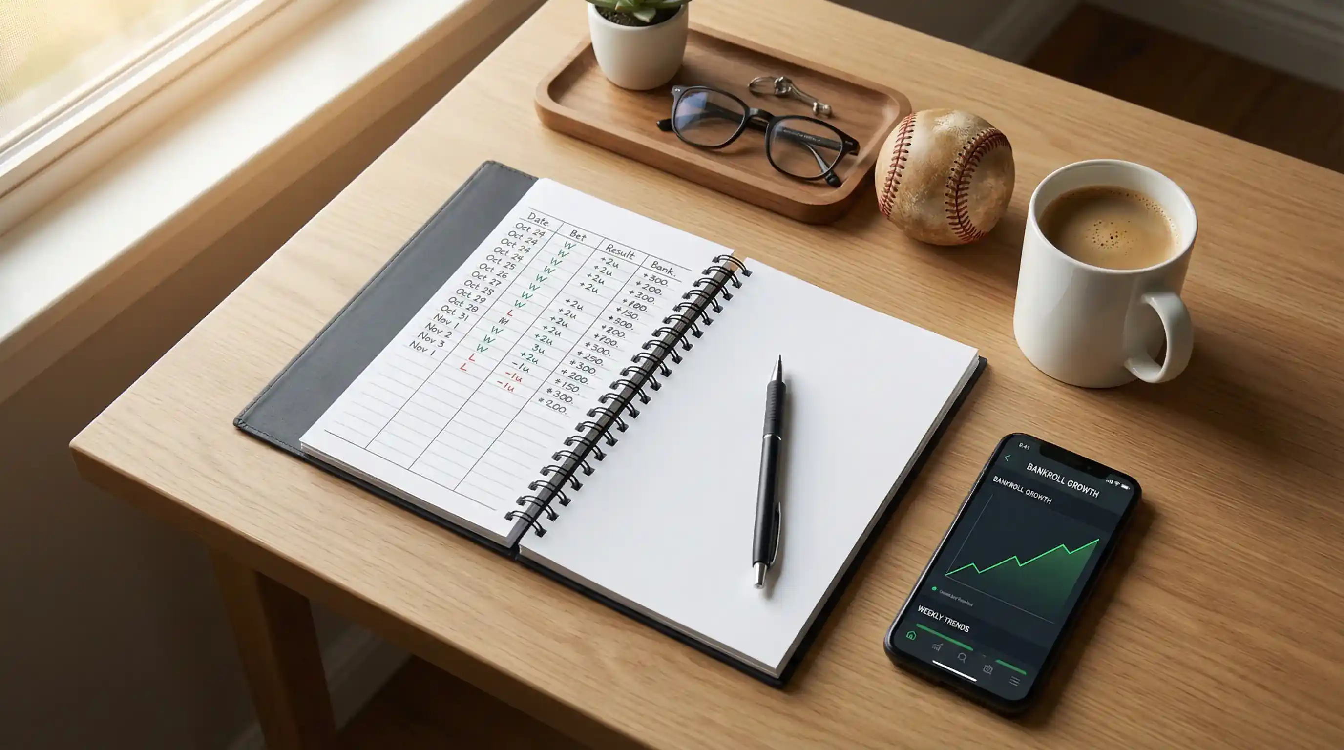 Libreta con anotaciones de gestión de capital y gráfico de seguimiento de apuestas